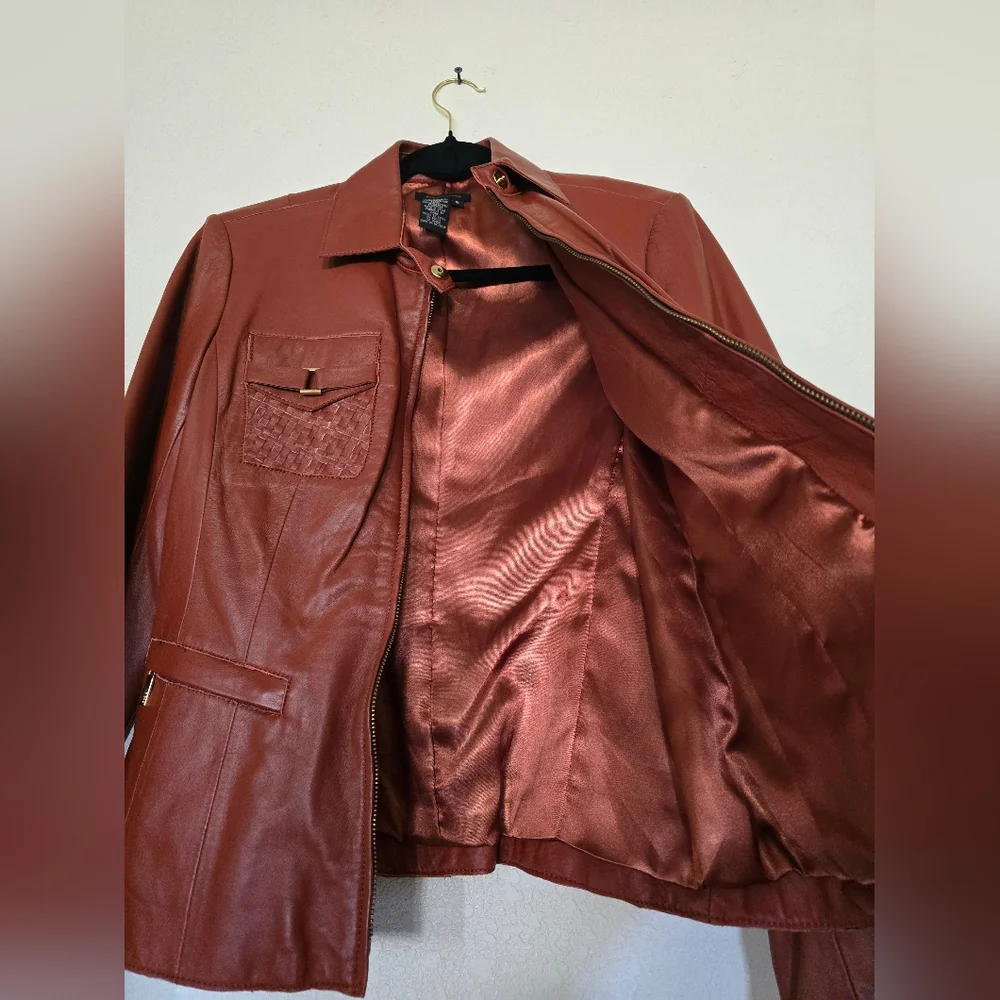 Vintage 90's BCBGMAXAZRIA Tan Leather Jacket - Picture 2 of 10